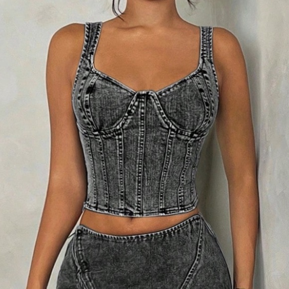 Vintage Black Denim zip up Bustier Crop Top - Picture 1 of 5